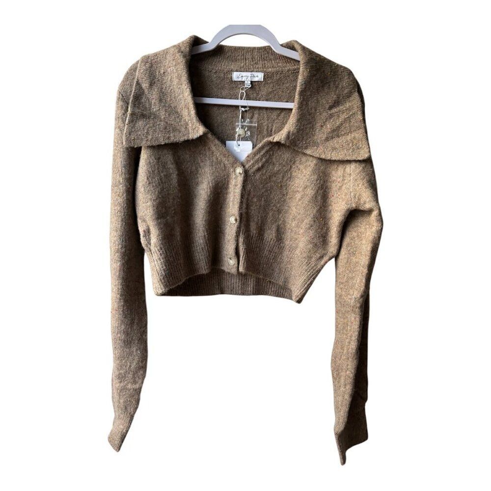 NWT Large Emory Park Wide Collar Cropped Cardigan Dark Oat Neutral 90's Inspired - Picture 2 of 11